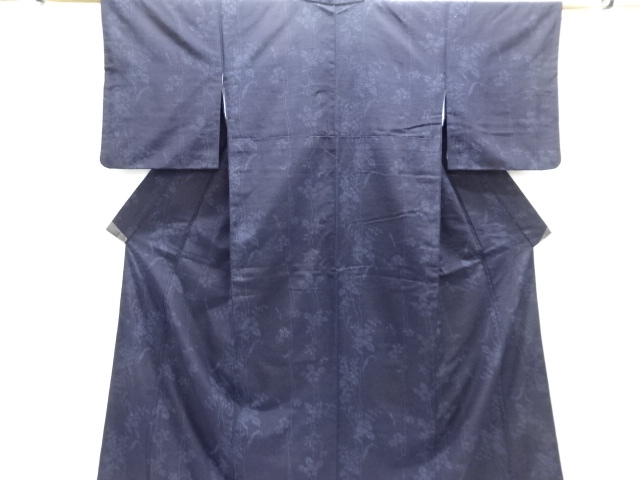 アンティーク　花縞模様織出し手織り紬着物